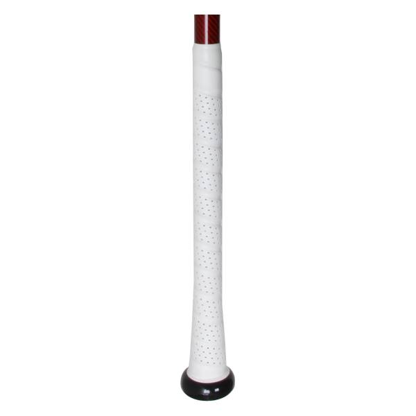Side view of a red baseball bat with a white perforated grip and black end cap.