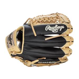 Front view of a black and tan baseball glove with Rawlings branding and THE GOLD GLOVE text.