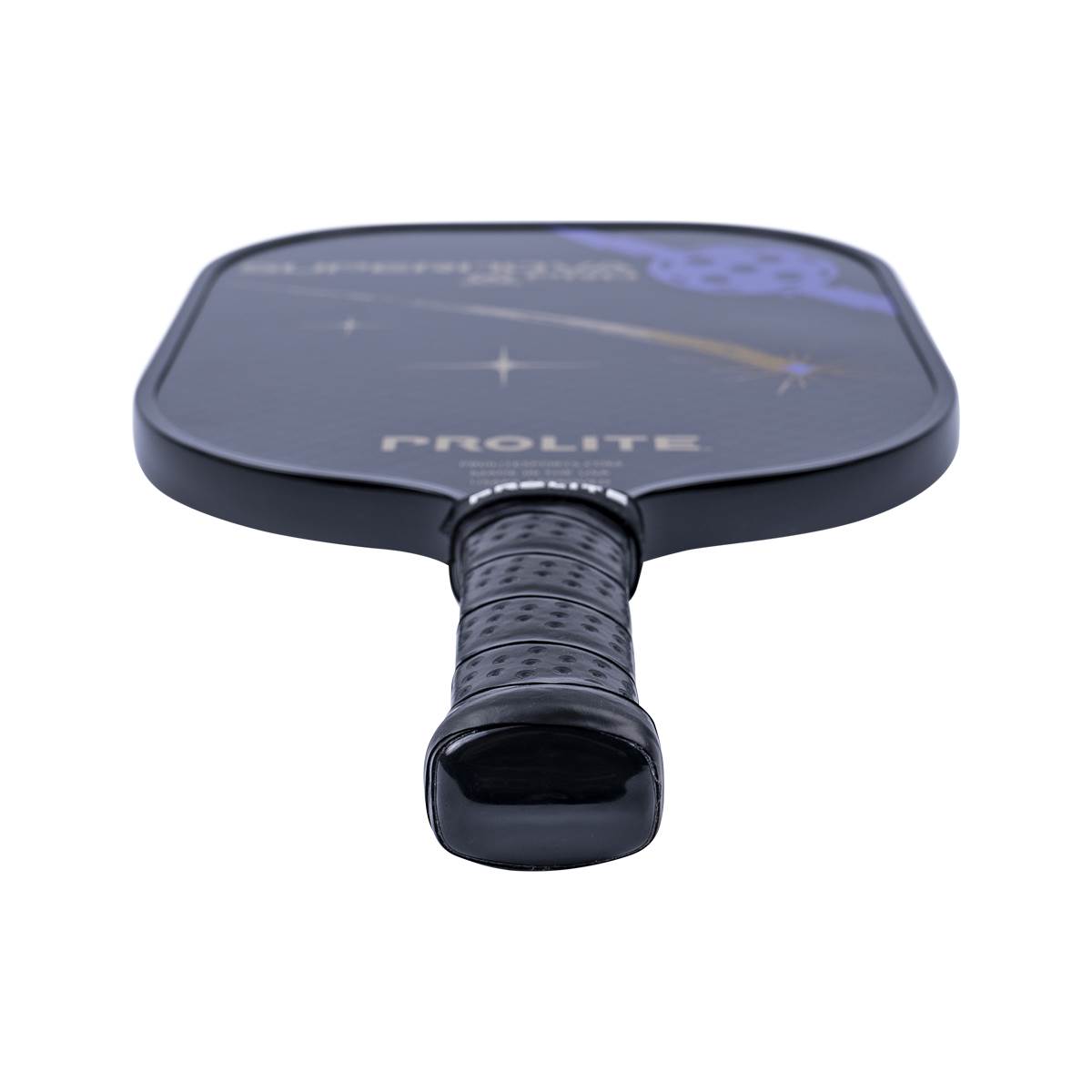 Top-down view of a black pickleball paddle with a textured grip and PROLITE branding.