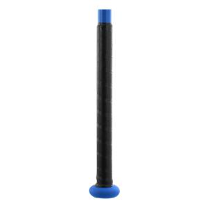 Close-up of a black softball bat grip with a blue end cap and blue accent at the top.