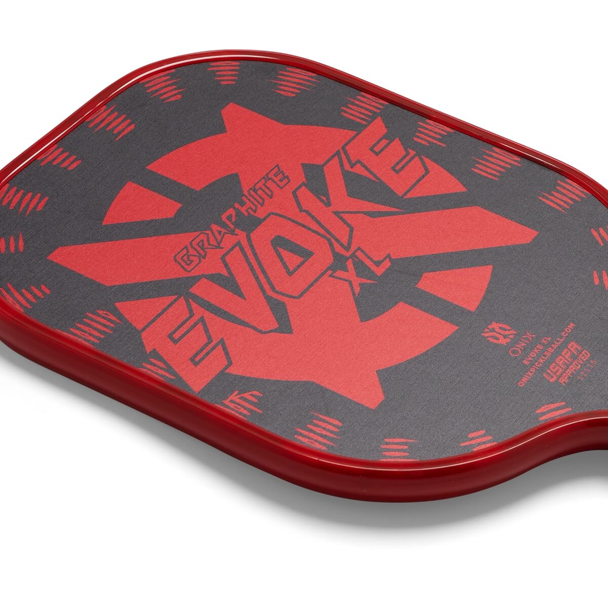 Corner view of a red pickleball paddle with a gray surface and large red EVOKE XL graphic.