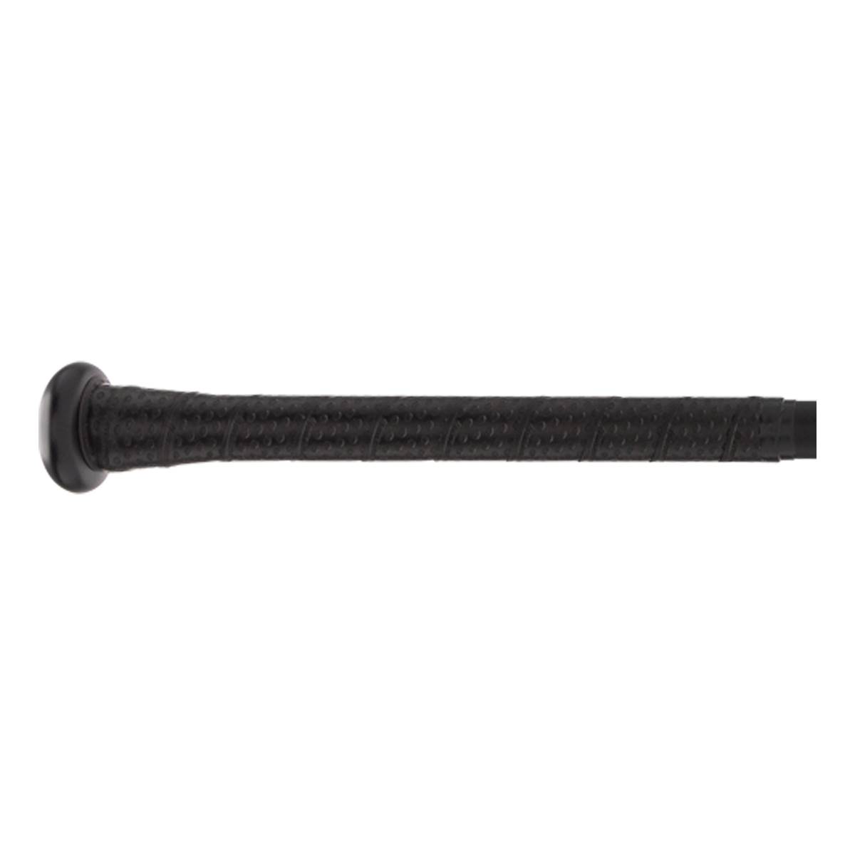 Side view of a black baseball bat with a textured grip and a rounded end cap.