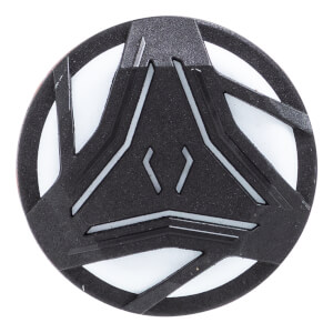 Top-down close-up of a black bat end cap with a raised geometric design, white recessed areas, and chevron shapes.