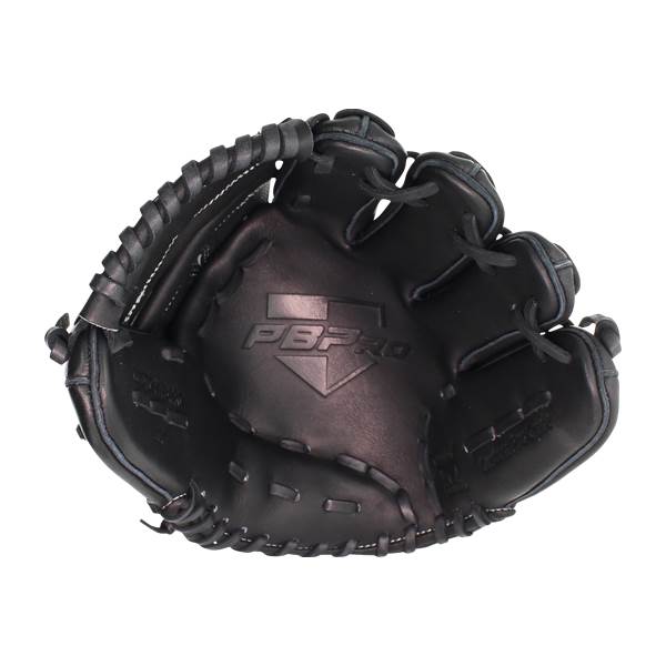 Inside view of a black baseball glove with a PBPRO logo and white stitching.