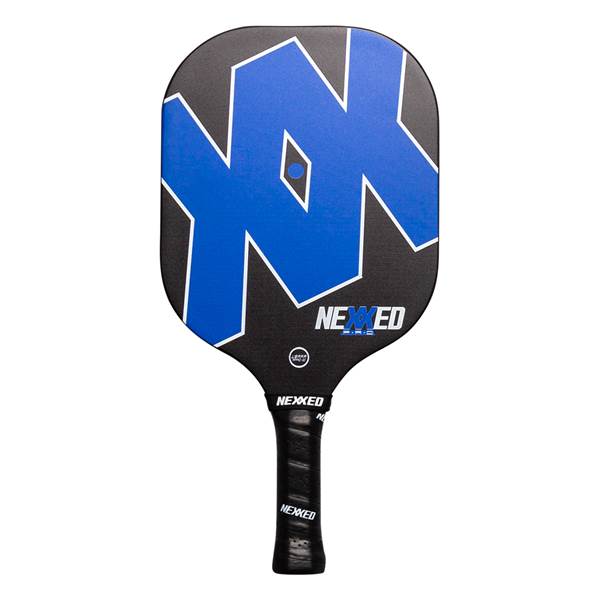 Front view of a black pickleball paddle with a large blue NX logo and NEXXED text.