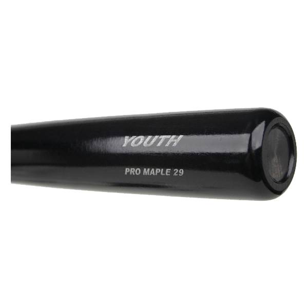 Side view of a black baseball bat with YOUTH and PRO MAPLE 29 text.