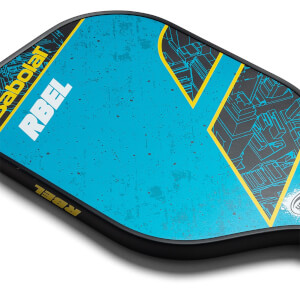 Corner view of a blue Babolat RBEL Hybrid pickleball paddle with yellow accents and a geometric design.