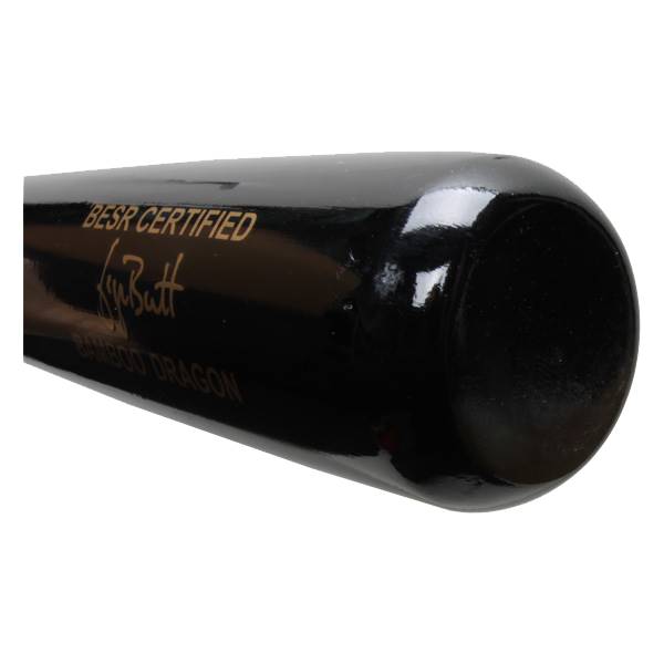 Close-up of the end of a black baseball bat with BESR CERTIFIED and BAMBOO DRAGON text.
