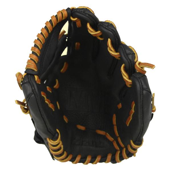 Top-down view of a black baseball glove with tan lacing and a debossed Mizuno logo.
