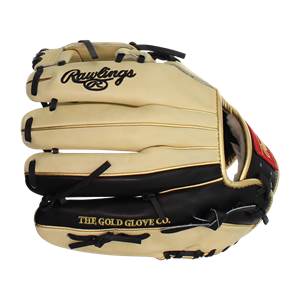 Front view of a tan and black baseball glove with Rawlings logo and THE GOLD GLOVE CO. text.