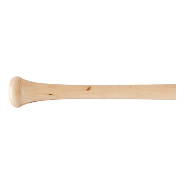 Side view of a natural wood baseball bat with a prominent knob, a tapered handle, and visible wood grain.