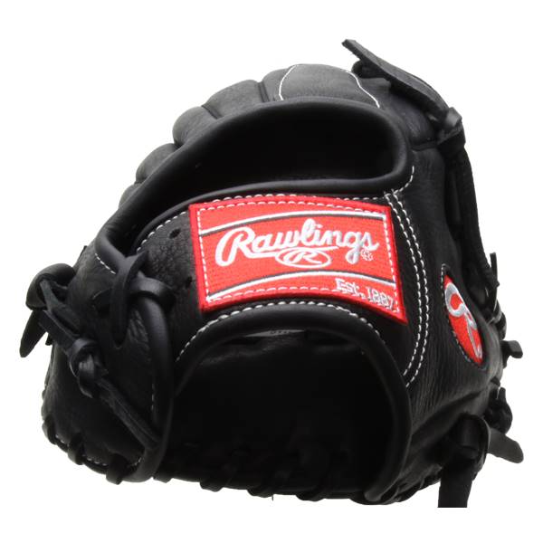 Close-up of a black Rawlings baseball glove with a red embroidered logo and white stitching.