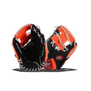 Front view of black and orange baseball gloves with white stitching and Rawlings branding.