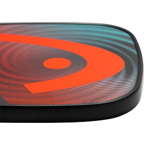 Corner view of a black pickleball paddle with an orange HEAD logo and a gradient design.