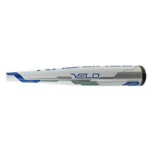 Side view of a white baseball bat with blue and silver accents, featuring VELO branding and PRECISION TECHNOLOGY text.