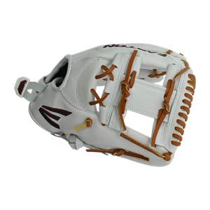 Side view of a white Easton fastpitch softball glove with brown lacing and a maroon Easton logo.