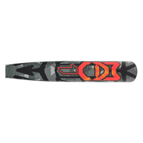 Side close-up of the Easton MAV1 bat barrel showing a gray geometric camouflage pattern and the stylized "MAV1" logo in vibrant red and orange with black outlines.