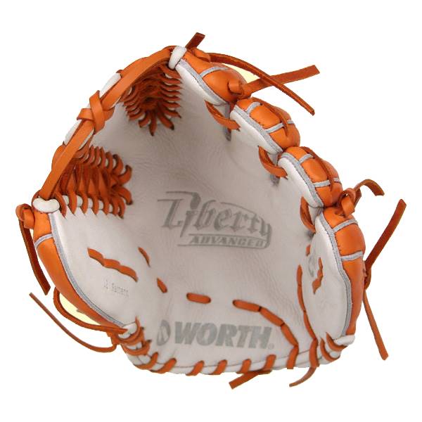 Interior view of an orange and white baseball glove with Liberty ADVANCED and WORTH branding.