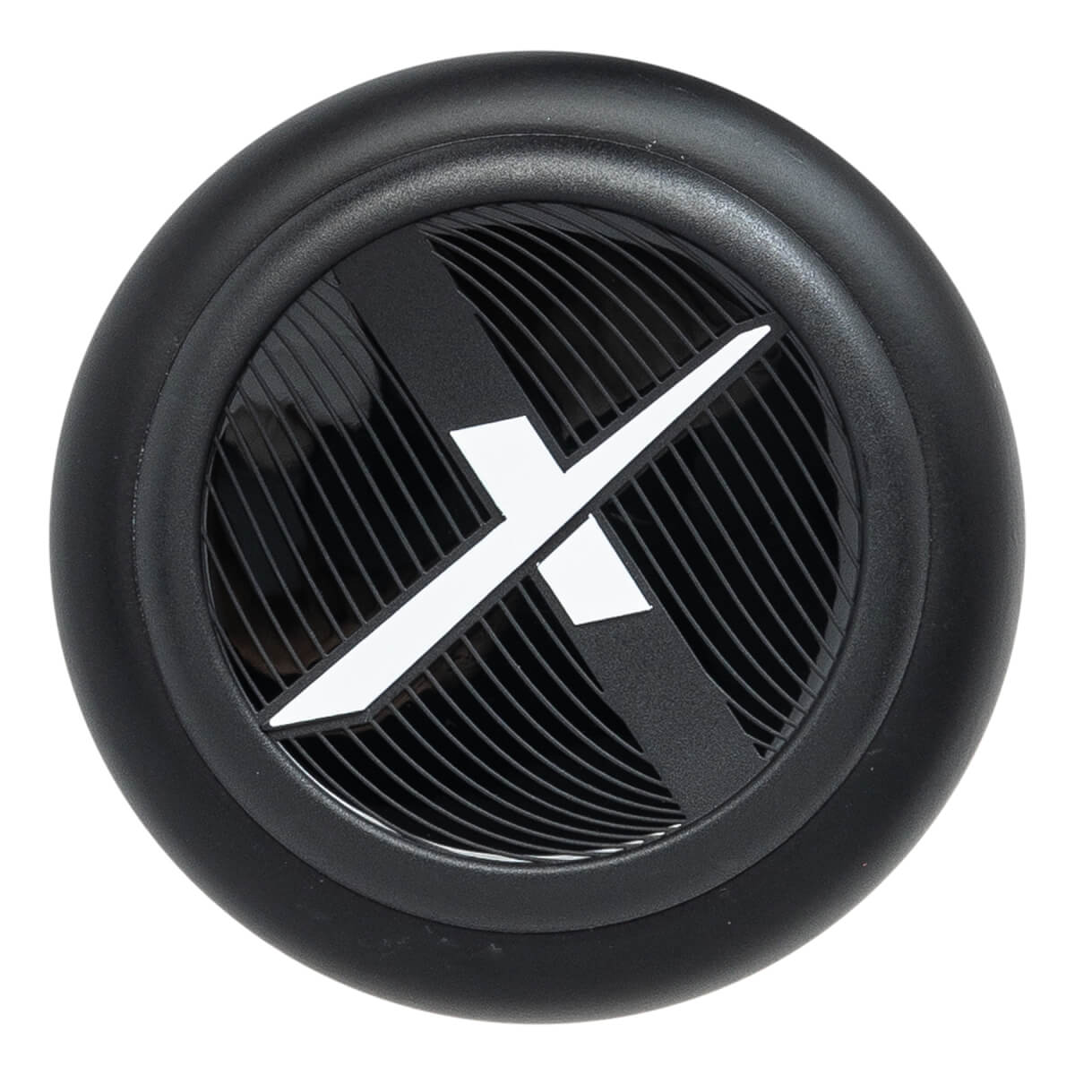 End view of a black baseball bat with a white X logo and ribbed texture.
