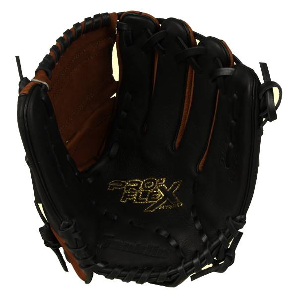 Front view of a black baseball glove with gold PRO FLEX lettering and brown interior.