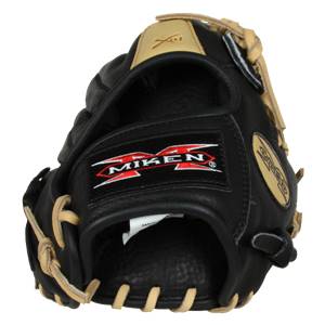 Front view of a black baseball glove with a tan wrist strap and Miken logo.