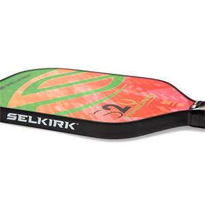 Side view of a red and green pickleball paddle with Selkirk branding and a large 2 graphic.