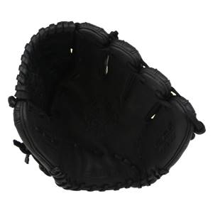 Top-down view of a black baseball glove with a deep pocket and lacing detail.