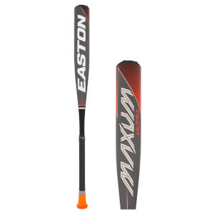 Side view of a gray baseball bat with orange accents, EASTON text, and a textured grip.