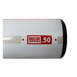 Side view of a white baseball bat with a red BBCOR CERTIFIED .50 sticker.