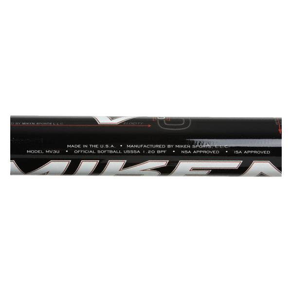 Side view of a black Miken softball bat with MODEL MV3U and OFFICIAL SOFTBALL USSSA 1.20 BPF text.