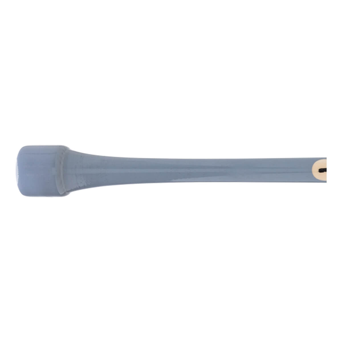 Side view of a gray baseball bat with a flared knob and a gold end detail.