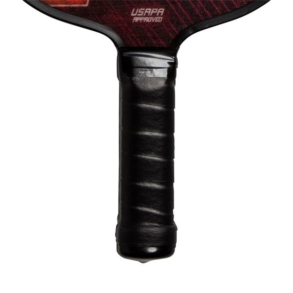 Close-up of a black pickleball paddle grip with USAPA APPROVED text on the paddle head.