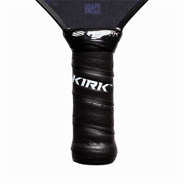 Close-up of a black pickleball paddle grip with KIRK branding and USAPA APPROVED text.