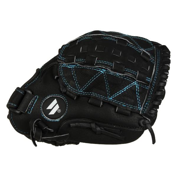 Side view of a black fastpitch glove with blue stitching and a white logo.