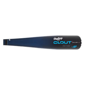 Side view of a blue and black baseball bat with Rawlings CLOUT and -10 branding.
