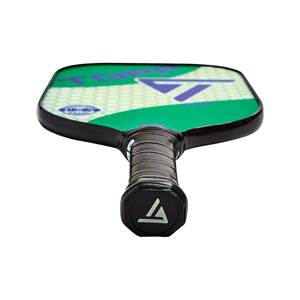 Top-down view of a green and white pickleball paddle with a black grip and a triangular logo.