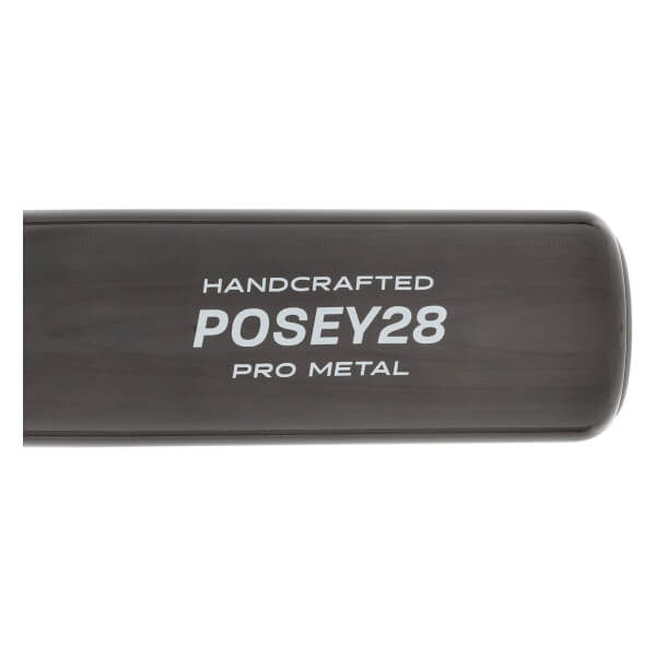 Close-up of a dark gray baseball bat with HANDCRAFTED POSEY28 PRO METAL text.