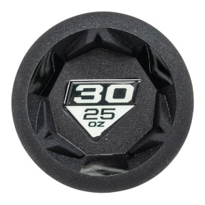 Top-down view of a black baseball bat end cap with 30 25 OZ in white lettering.