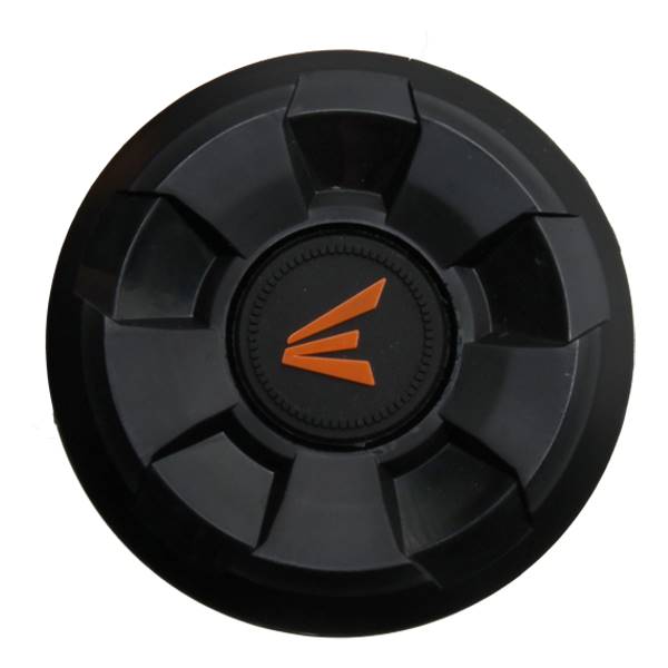 Top-down view of a black baseball bat end cap with an orange Easton logo and segmented design.
