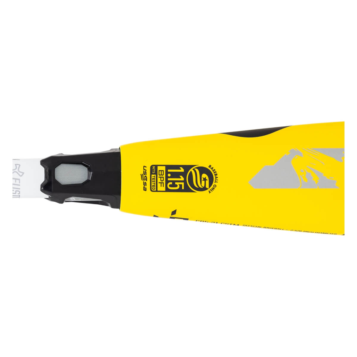 Close-up of a yellow baseball bat with black accents, USSSA and 1.15 BPF markings.