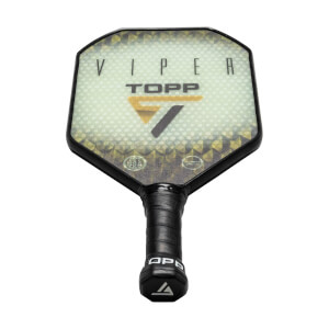 Top-down view of a black pickleball paddle with VIPER and TOPP branding, and a USA logo.