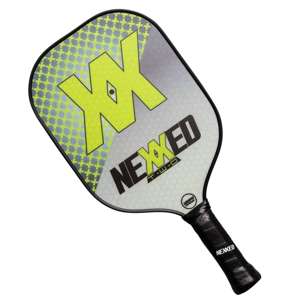 Front view of a gray and yellow pickleball paddle with a large XX graphic and NEXXED text.