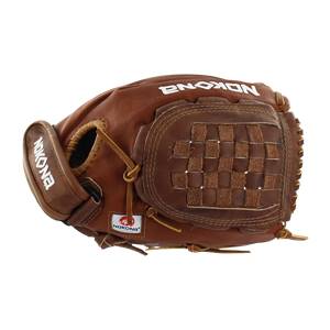 Top-down view of a brown Nokona Buckaroo fastpitch glove with a woven web and embossed NOKONA branding.