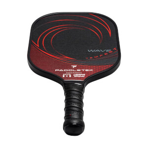 Front view of a black pickleball paddle with red wave design, WAVE TEMPEST text, and PADDLETEK logo.