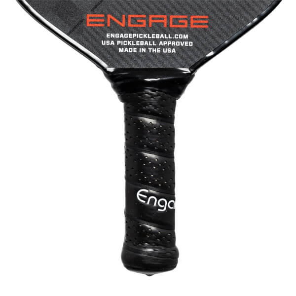 Close-up of a black pickleball paddle grip with perforations and the Engage logo.