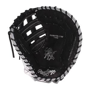 Top-down view of a black and white Rawlings Heart of the Hide 13 first base mitt with PRO GRADE and Rawlings logos.