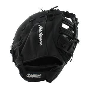 Corner view of a black Akadema first base mitt with white embroidered branding.