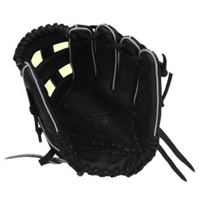 Front view of a black baseball glove with white stitching and a bull logo.