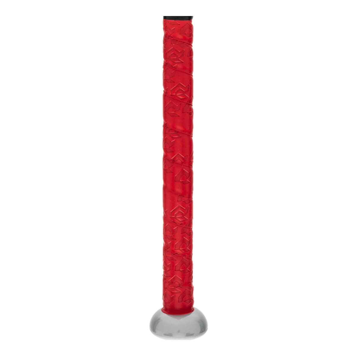 Side view of a red baseball bat with a textured grip and silver end cap.