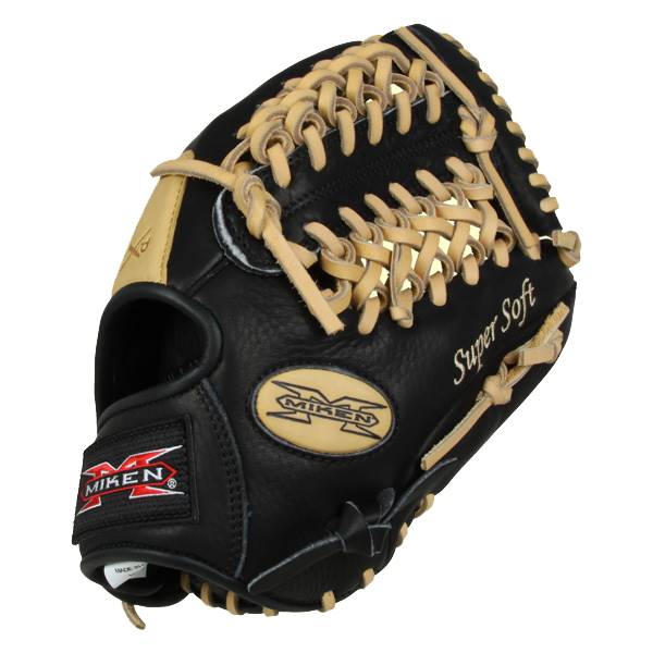 Front view of a black baseball glove with tan lacing and Super Soft text.